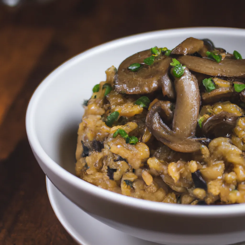 Plato terminado de arroz con champiñones, bellamente presentado