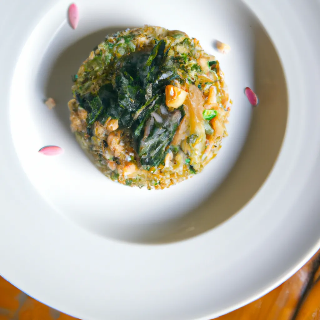 Plato terminado de arroz con espinacas y garbanzos, bellamente presentado