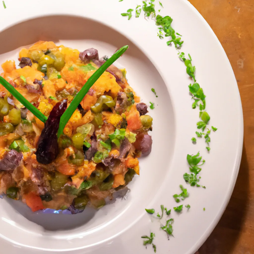Plato terminado de arroz con verduras, bellamente presentado