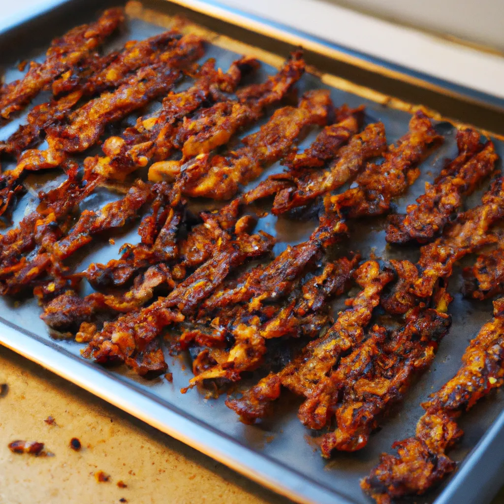 Paso 5 de la receta de bacon vegano: Hornear hasta dorar y crujiente