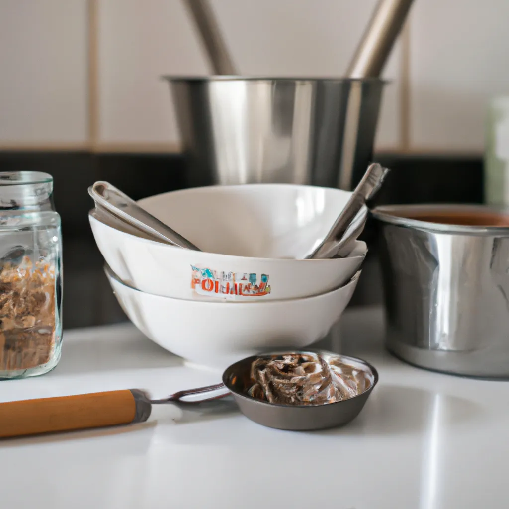 Utensilios para barritas de avena caseras: tazón grande, cazo pequeño, espátula