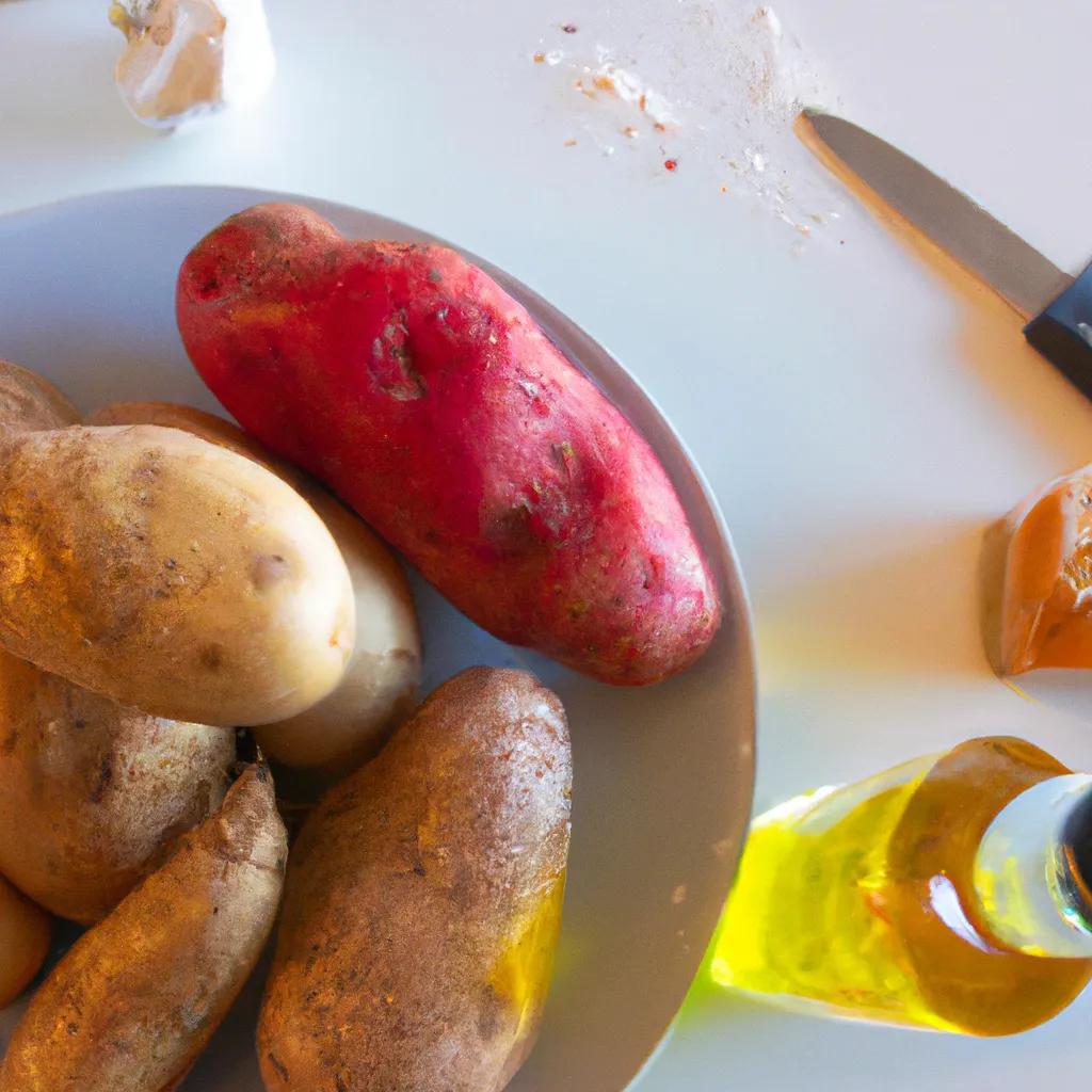 Ingredientes para batata al horno: 2 batatas medianas, 2 cucharadas de aceite de oliva virgen extra, 1/2 cucharadita de pimentón dulce