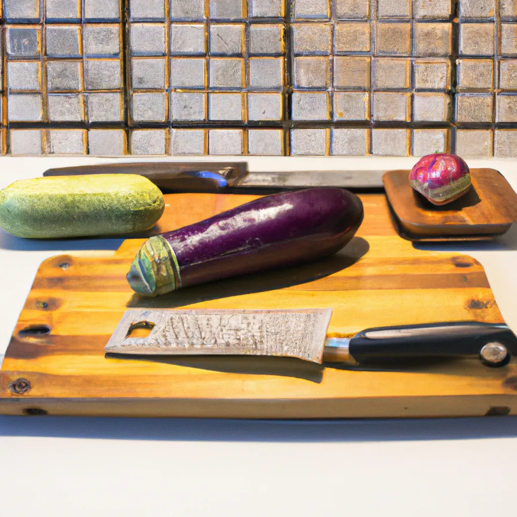 Utensilios para berenjenas rellenas de soja texturizada: Cuchillo, Tabla de cortar, Sartén grande