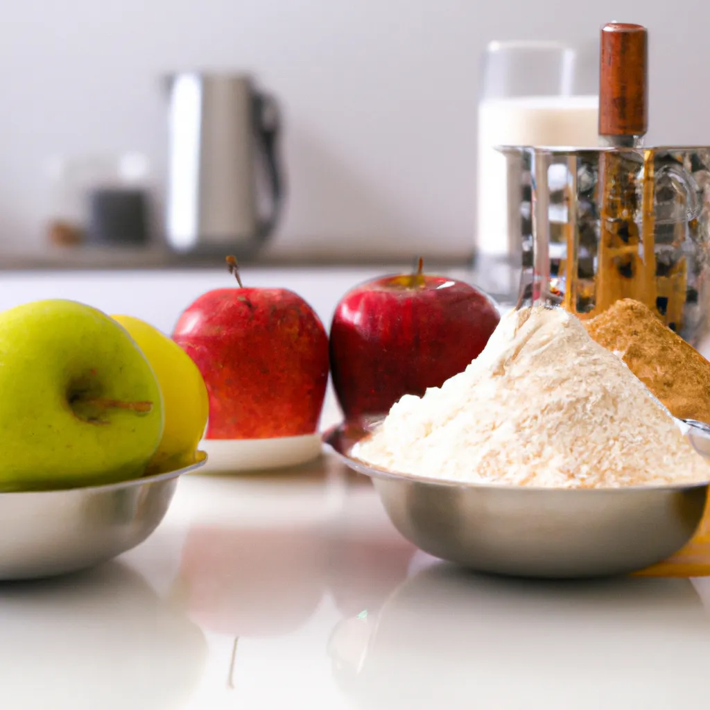 Ingredientes para bizcocho de avena y manzana: 200 g de harina de avena, 150 g de avena en hojuelas, 2 manzanas medianas, ralladas o en cubos