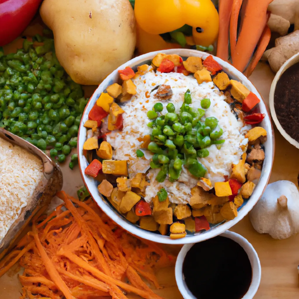A realistic photo of colorful vegan ingredients laid out for fried rice: diced tofu, red bell pepper slices, carrot sticks, green peas, corn kernels, minced garlic and ginger, soy sauce, sesame oil, cooked rice, and fresh greens on a wooden board