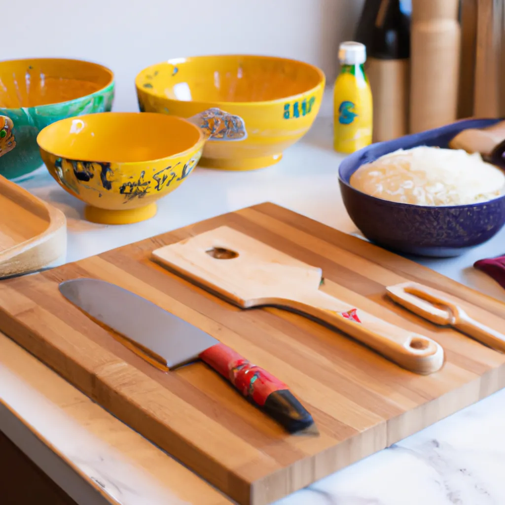 A realistic photo of common kitchen utensils for vegan fried rice: wok, spatula, knife, cutting board, measuring cups, wooden spoon, bowls on a clean countertop