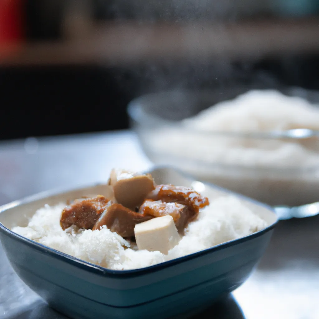 A realistic image of marinated tofu cubes resting in a bowl with soy sauce and cornstarch, while a pot of steaming rice sits in the background