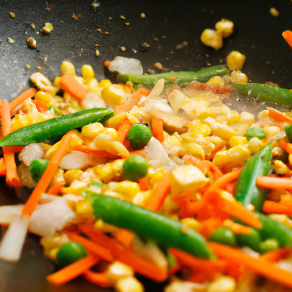 A sizzling wok with garlic and ginger, carrot slices, red pepper strips, peas, and corn being stir-fried in hot oil