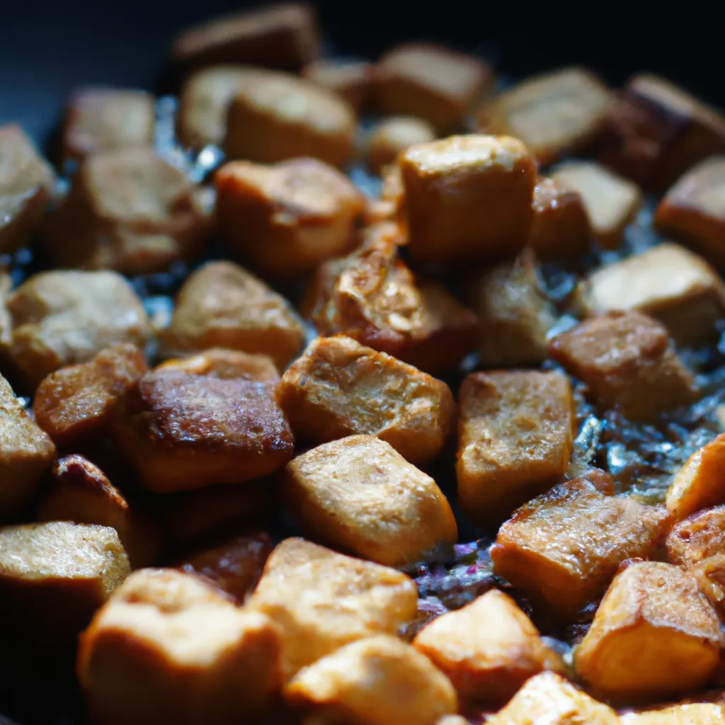 Crispy fried tofu cubes turning golden brown in a hot pan with a hint of sesame oil