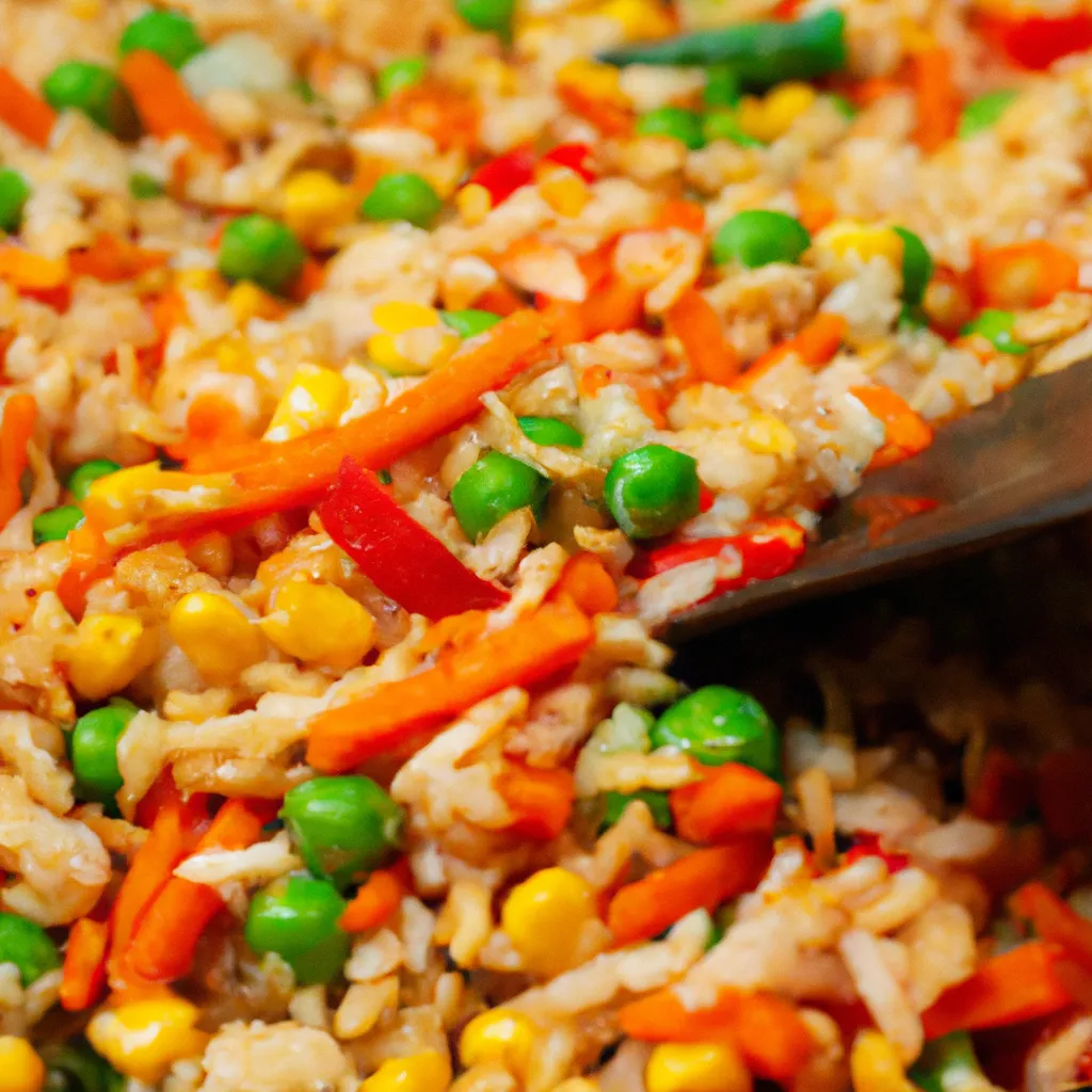 Wok with colorful fried rice being mixed: tofu, peas, corn, carrot, bell pepper, and soy sauce coating the grains