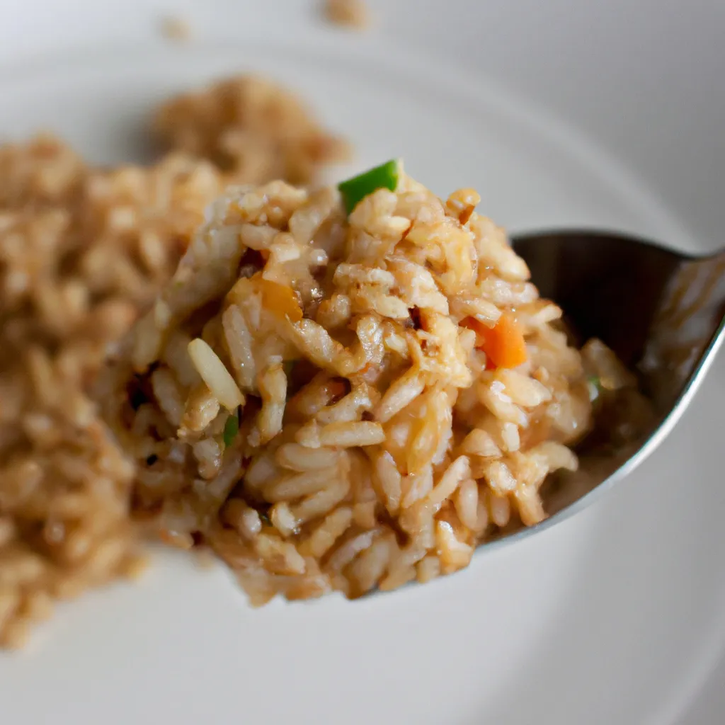 Close-up of a spoonful of vegan fried rice garnished with sliced scallions and sesame seeds on a white plate