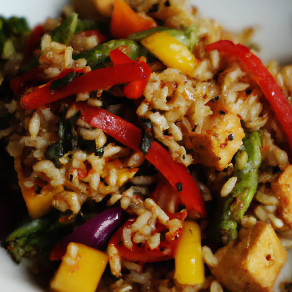 A plated serving of vegan fried rice with colorful vegetables and tofu, garnished with sesame seeds on a clean white plate