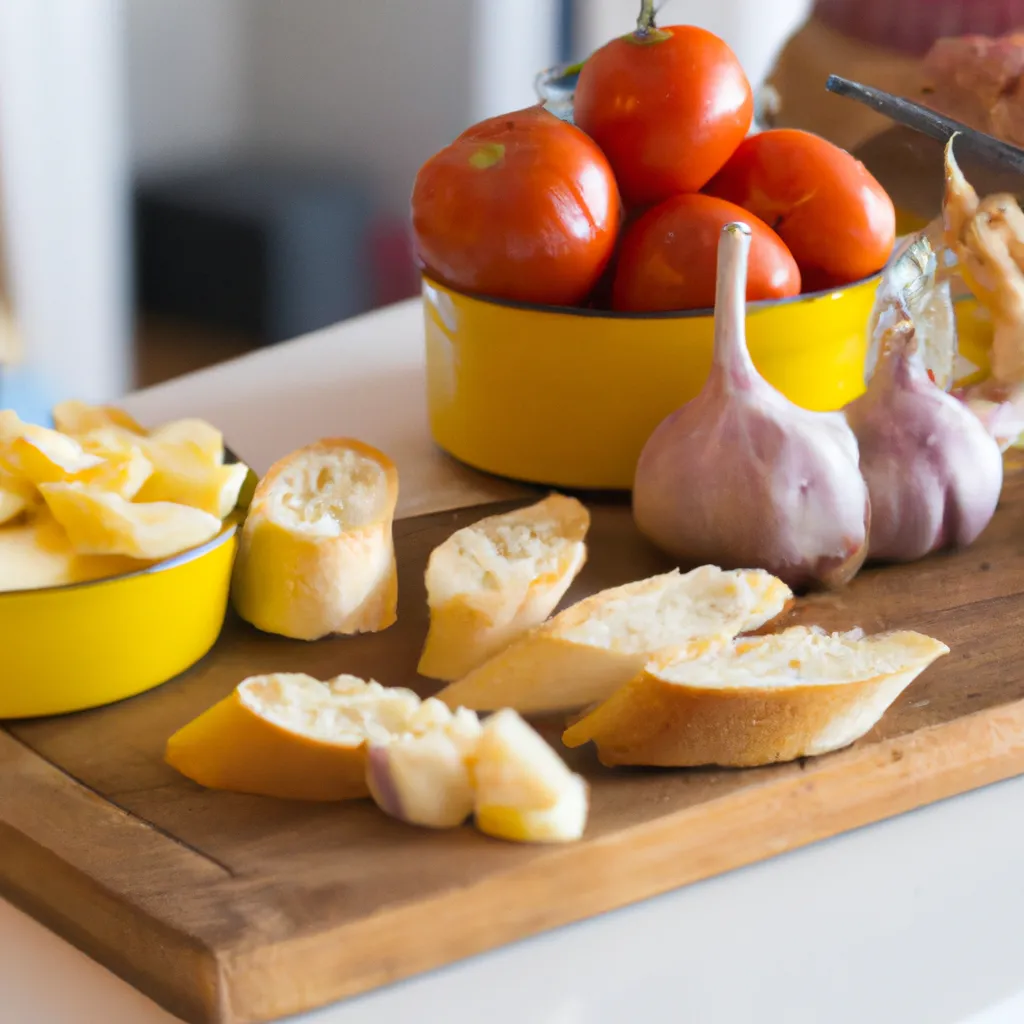 Ingredientes para aperitivos veganos: 8-10 rebanadas de baguette, 2 tomates maduros picados, 1 diente de ajo, picado finamente