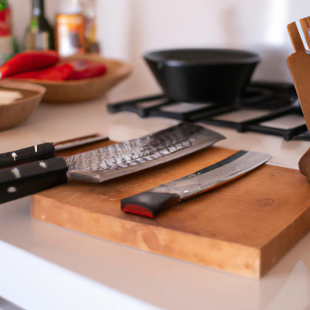 Utensilios para aperitivos veganos: tabla de cortar, cuchillo, cazuela para tostar pan