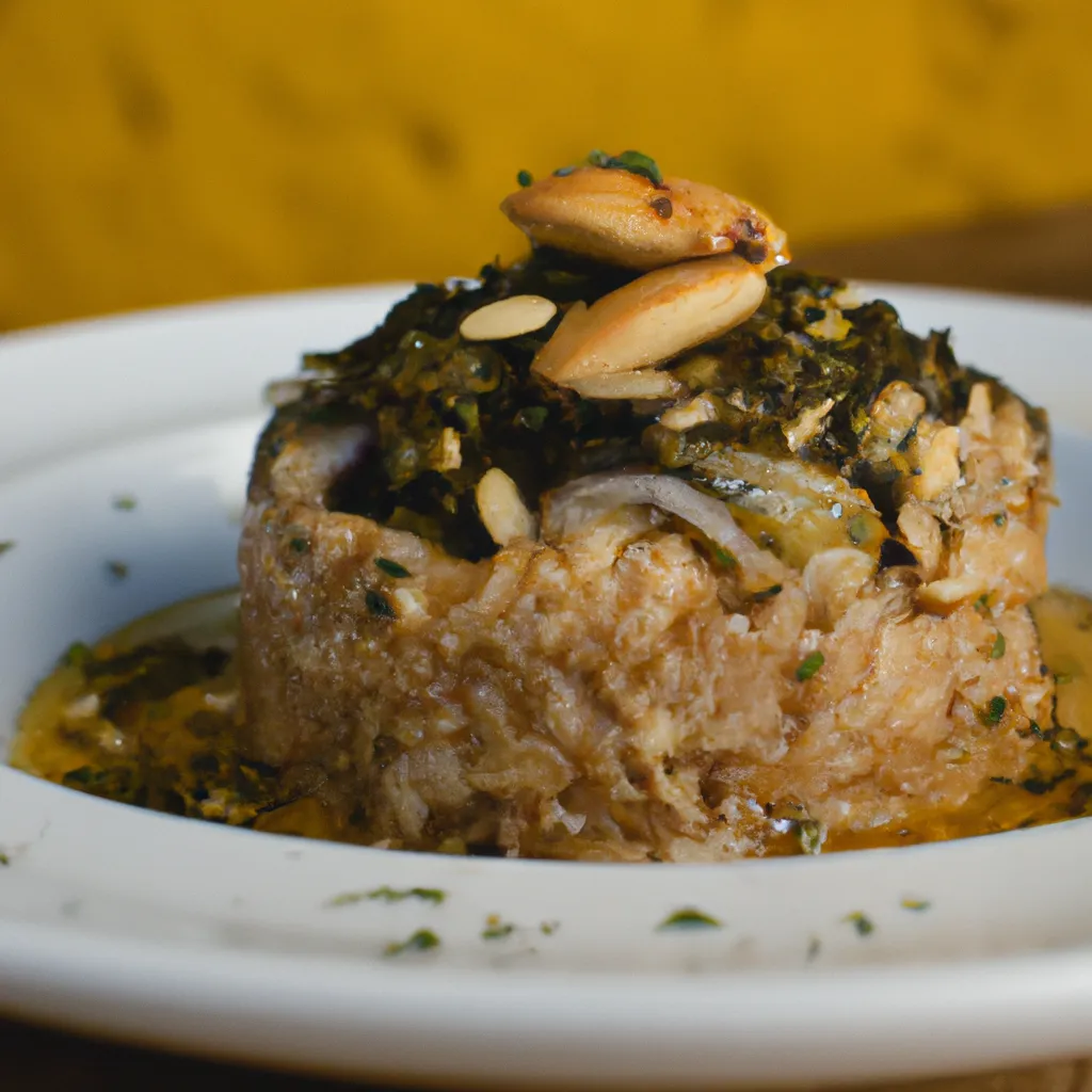 Plato terminado de arroz al horno vegano, bellamente presentado
